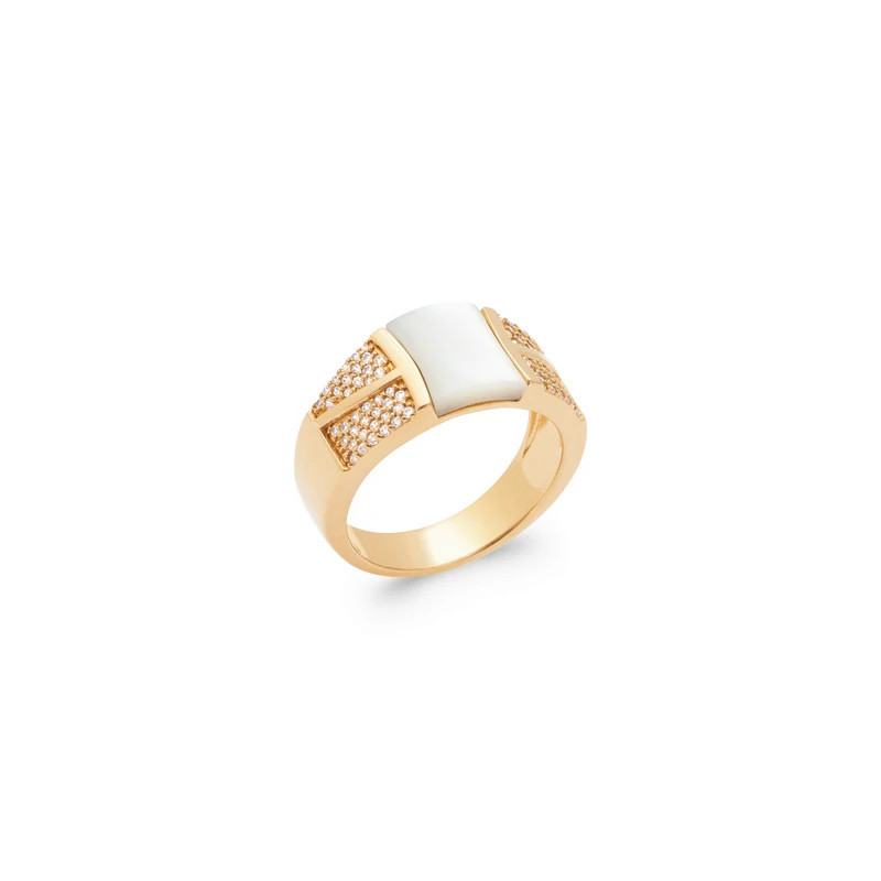 Bague plaqué or rectangle de nacre pavage d'oxydes de zirconium blancs