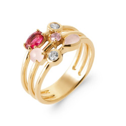 Bague plaqué or 750 – 3 rangs pierres roses, oxydes & véritables