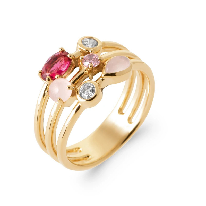 Bague plaqué or 750 – 3 rangs pierres roses, oxydes & véritables