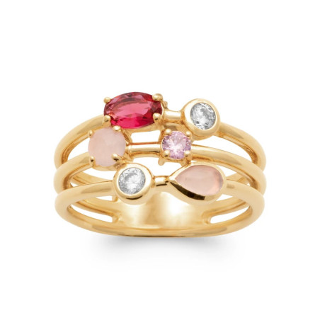 Bague plaqué or 750 – 3 rangs pierres roses, oxydes & véritables