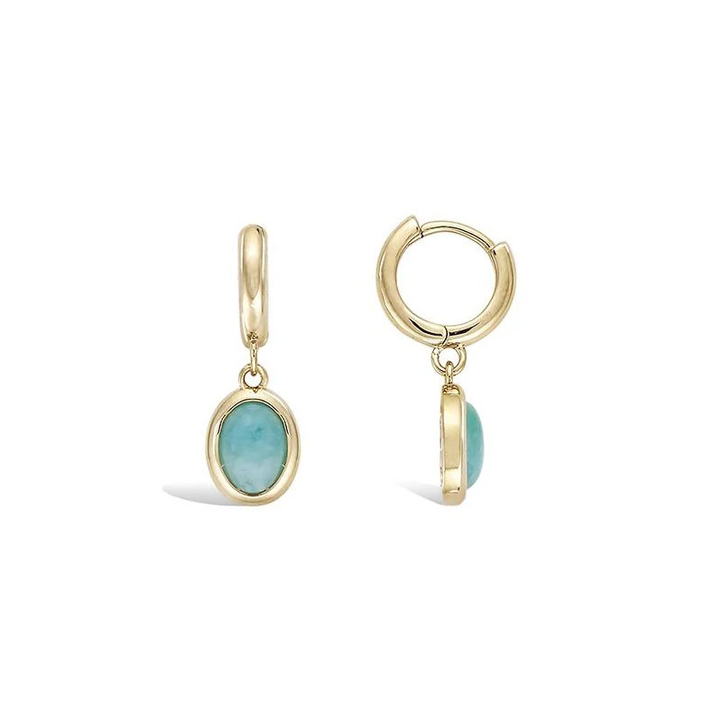 Boucles pendantes plaqué or – Amazonite ovale & créole 10 mm