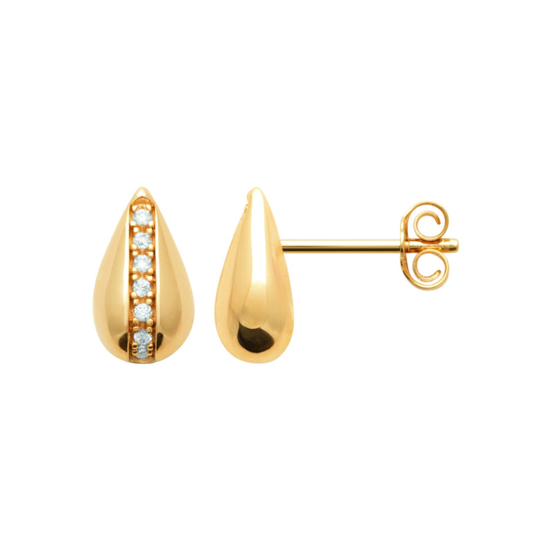 Boucles d’oreilles en plaqué or 750‰ en forme de goutte bombée, avec barrette centrale sertie de zirconiums blancs