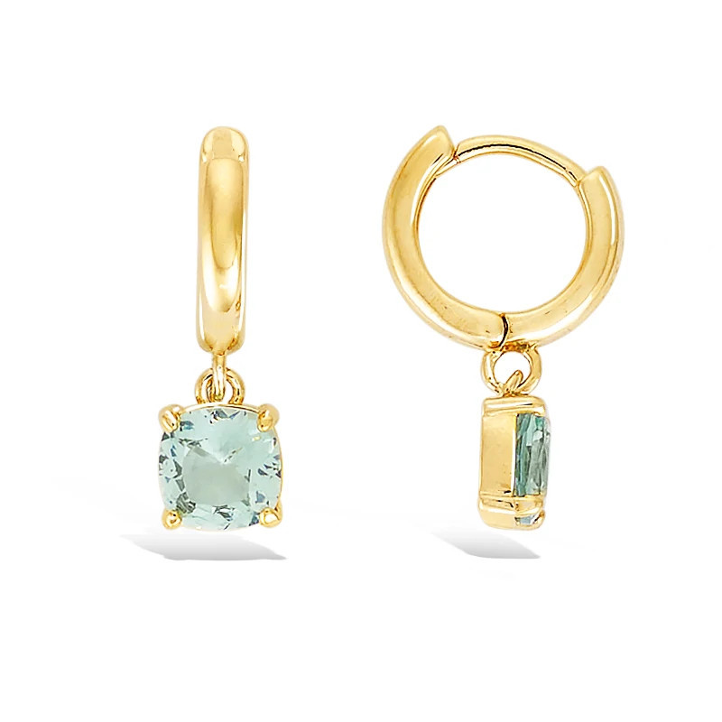 Boucle d’oreille pendante en plaqué or avec créole 10 mm et zirconium aqua marine carré serti griffé