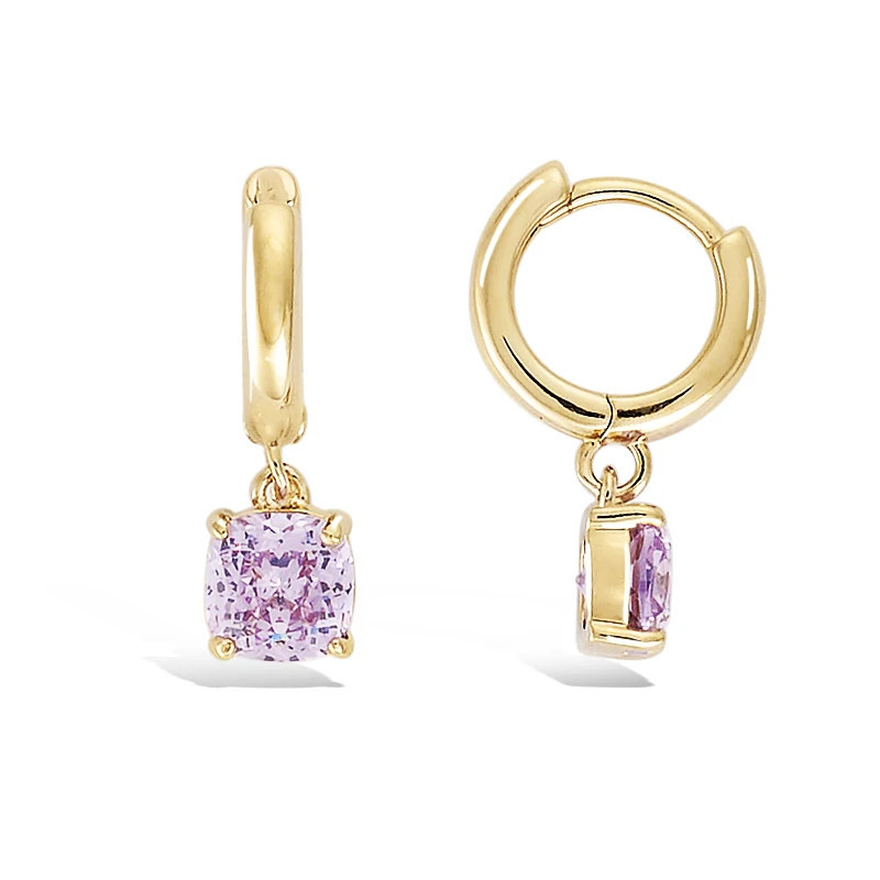 Boucle d’oreille pendante en plaqué or avec créole 10 mm et zirconium lavande carré serti griffé