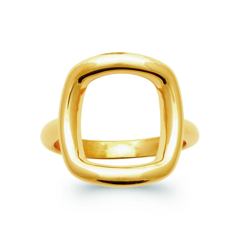 Bague en plaqué or 750‰, lisse et brillant avec carré ajouré géométrique incurvé – design moderne et épuré
