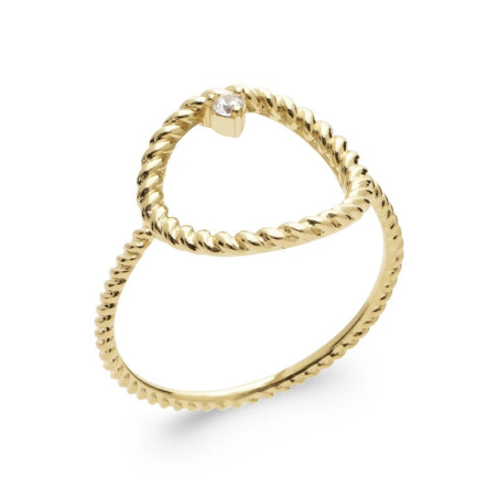 Bague en plaqué or 750‰, cercle ajouré torsadé avec oxyde de zirconium blanc serti – design moderne et raffiné