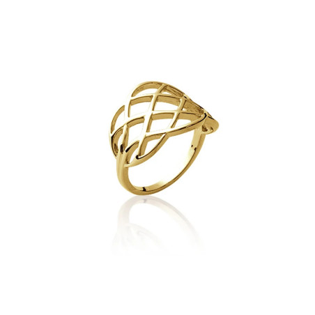 Bague en plaqué or 750‰, bombée et ajourée de croisillons géométriques, largeur 15 mm – finition lisse et brillante