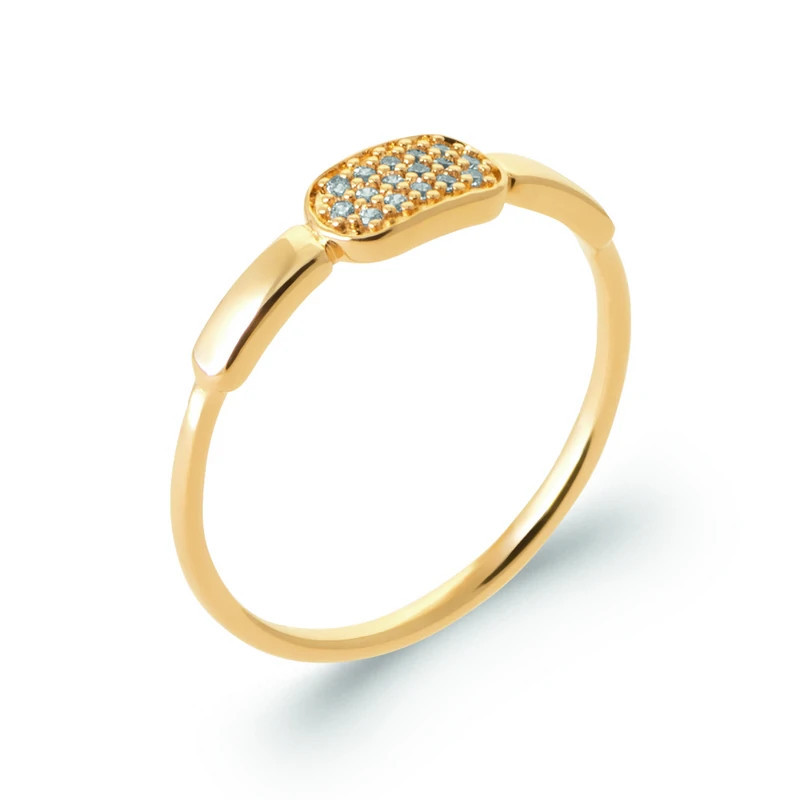 Bague en plaqué or 750‰ avec plateau rectangulaire arrondi serti de 16 zirconiums blancs – corps lisse et brillant