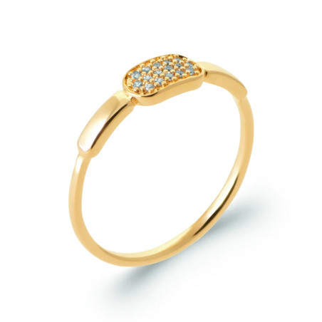 Bague en plaqué or 750‰ avec plateau rectangulaire arrondi serti de 16 zirconiums blancs – corps lisse et brillant