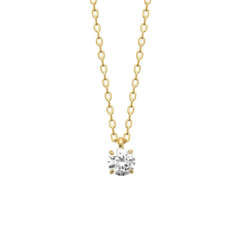 Collier en plaqué or 750‰ avec chaîne maille forçat et oxyde de zirconium blanc rond de 5 mm coulissant – serti griffé