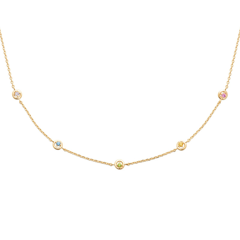 Collier plaqué or 45 cm avec pierres diamantées multicolores – blanc, bleu, Émeraude pâle, ambre et améthyste
