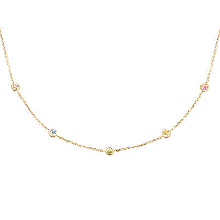 Collier plaqué or 45 cm avec pierres diamantées multicolores – blanc, bleu, Émeraude pâle, ambre et améthyste