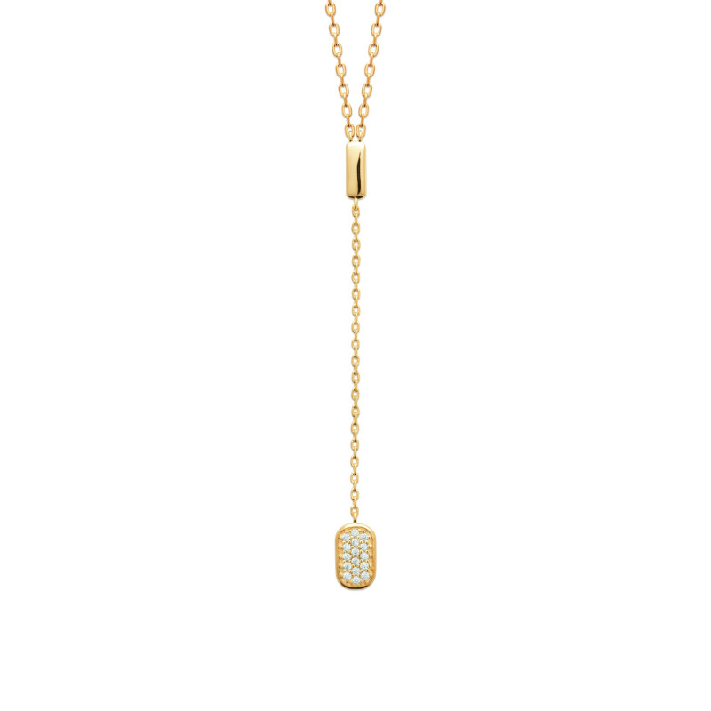 Collier plaqué or 750 3MIC en forme d’Y avec cylindre brillant et rectangle pavé de zirconiums blancs – 45 cm, ajustable