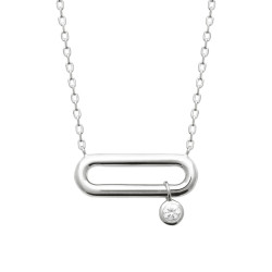 Collier en argent 925 45 cm avec pendentif rectangle ovalisé fil rond ajouré et oxyde de zirconium blanc cabochon coulissant