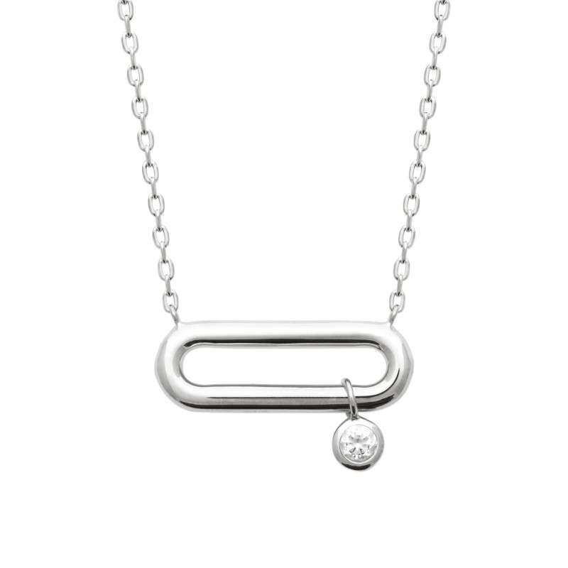 Collier en argent 925 45 cm avec pendentif rectangle ovalisé fil rond ajouré et oxyde de zirconium blanc cabochon coulissant