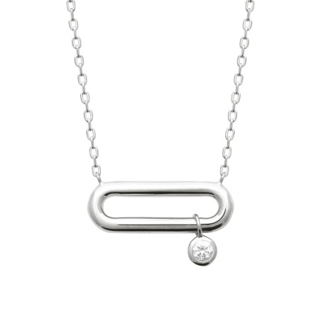 Collier en argent 925 45 cm avec pendentif rectangle ovalisé fil rond ajouré et oxyde de zirconium blanc cabochon coulissant
