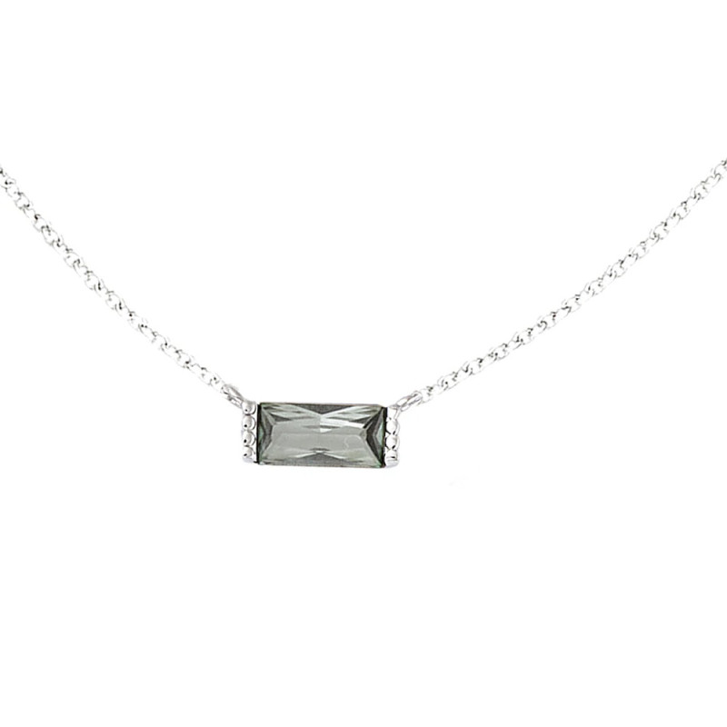 Collier argent 925 rhodié avec pendentif rectangle pierre Smoky verte