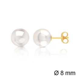 Boucles d’oreilles en or jaune 750‰ ornées de perles de culture d’eau douce blanches de 8 mm – fermoir poussoir – 0,40 g