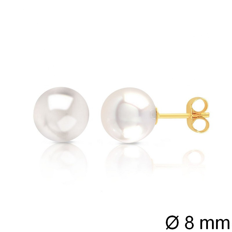 Boucles d’oreilles en or jaune 750‰ ornées de perles de culture d’eau douce blanches de 8 mm – fermoir poussoir – 0,40 g