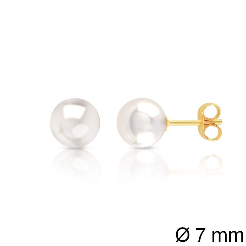 Boucles d’oreilles en or jaune 750‰ ornées de perles de culture d’eau douce blanches de 7 mm – fermoir poussoir – 0,40 g