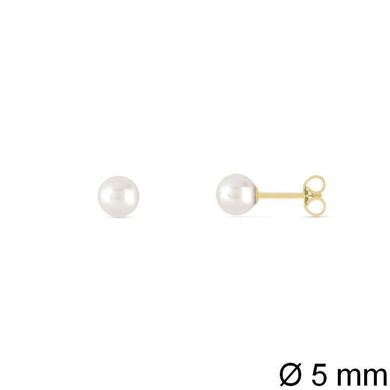 Boucles d’oreilles en or jaune 750‰ ornées de perles de culture d’eau douce blanches de 5 mm – fermoir poussoir – 0,40 g
