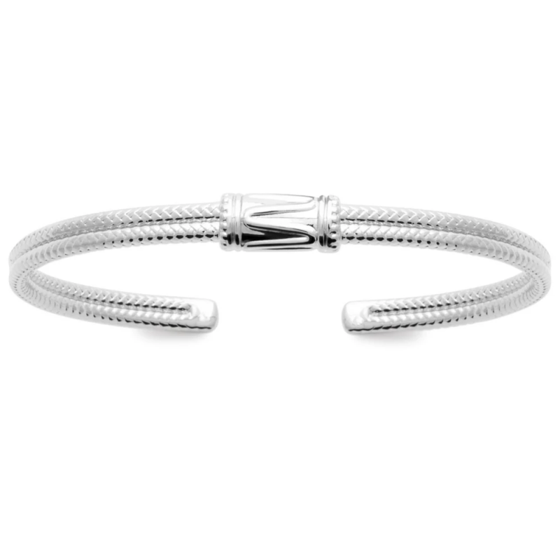 Jonc homme en argent rhodié diamètre 62 mm, design double corde avec cylindre central – 13,39 g